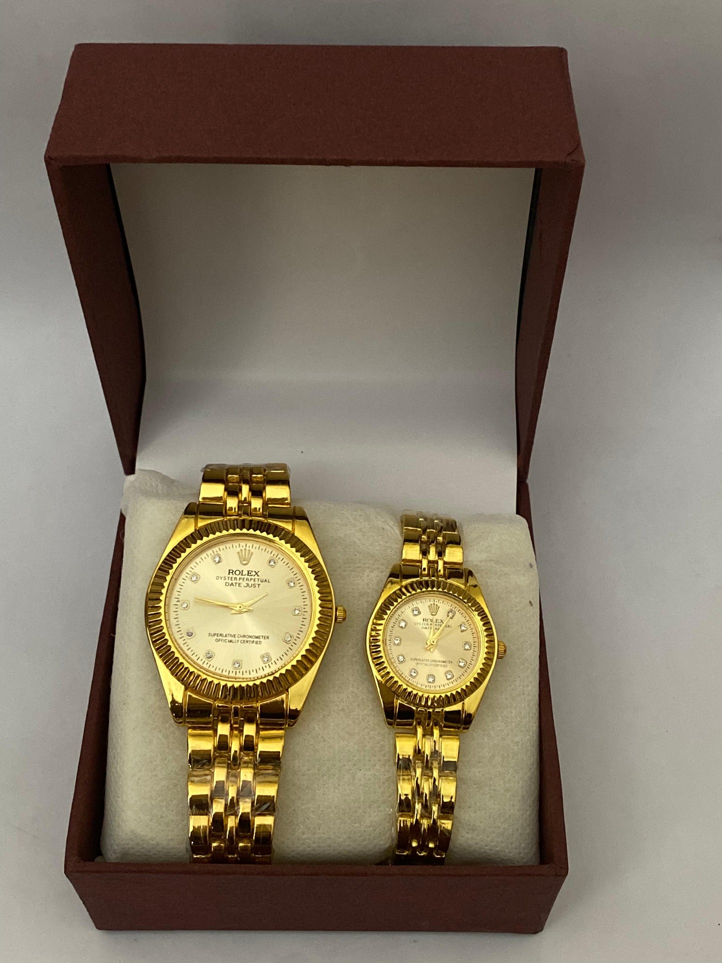 Rolex Stainless Chain Couple Watch With Golden Color