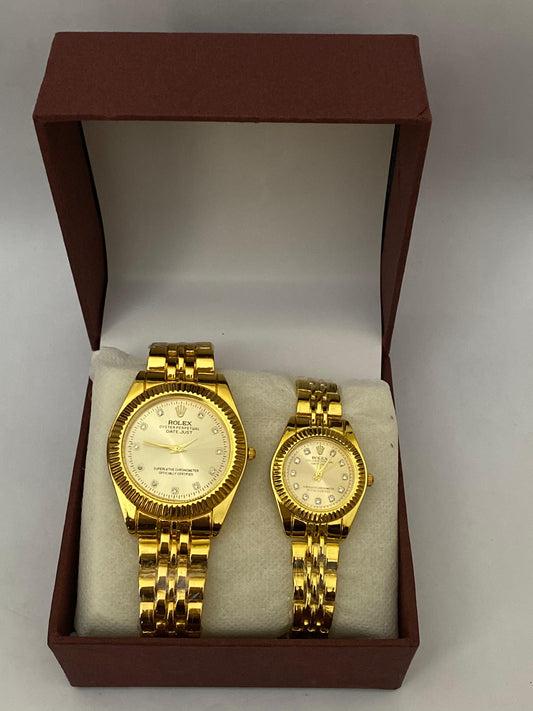 Rolex Stainless Chain Couple Watch With Golden Color