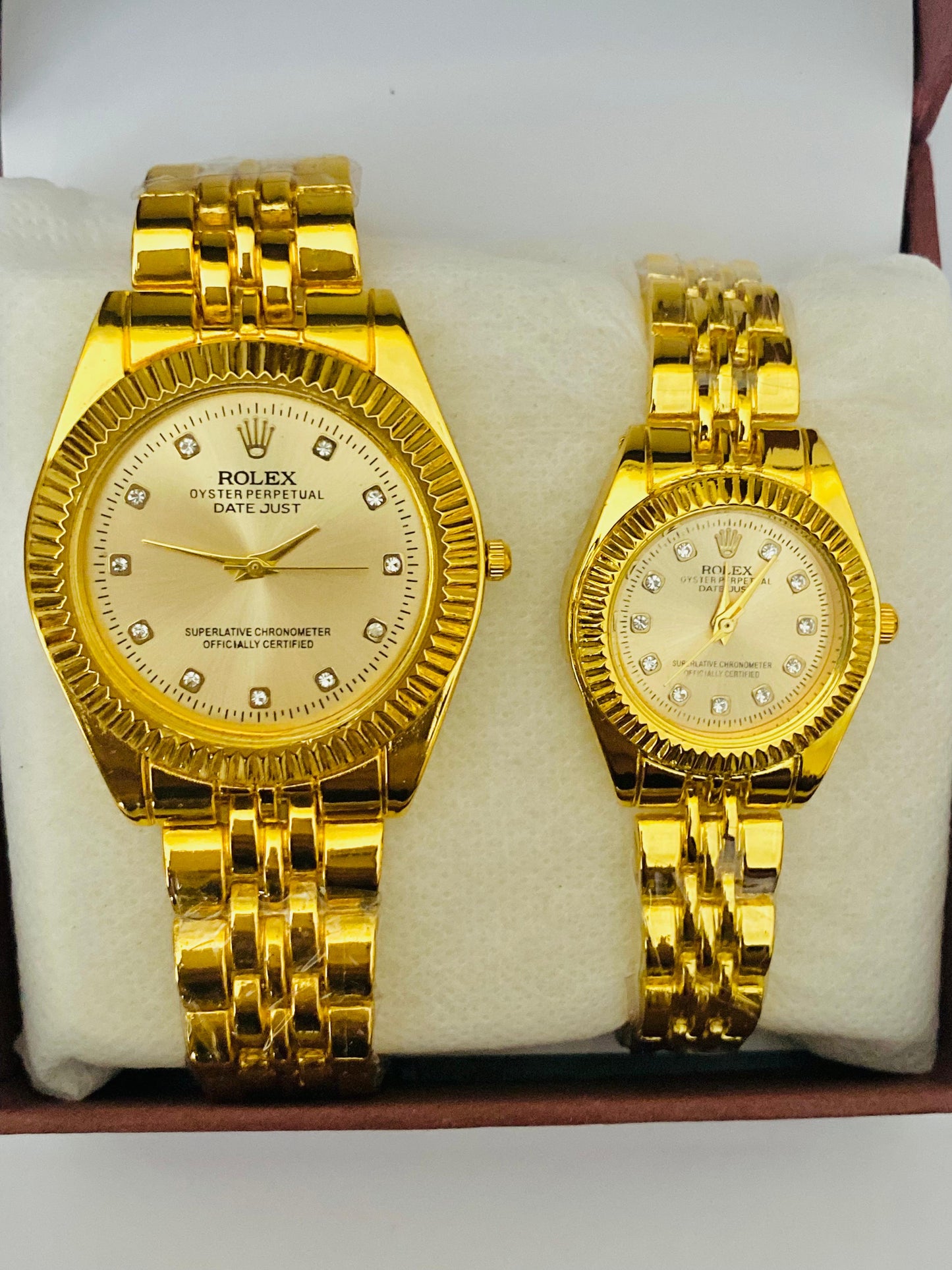 Rolex Stainless Chain Couple Watch With Golden Color