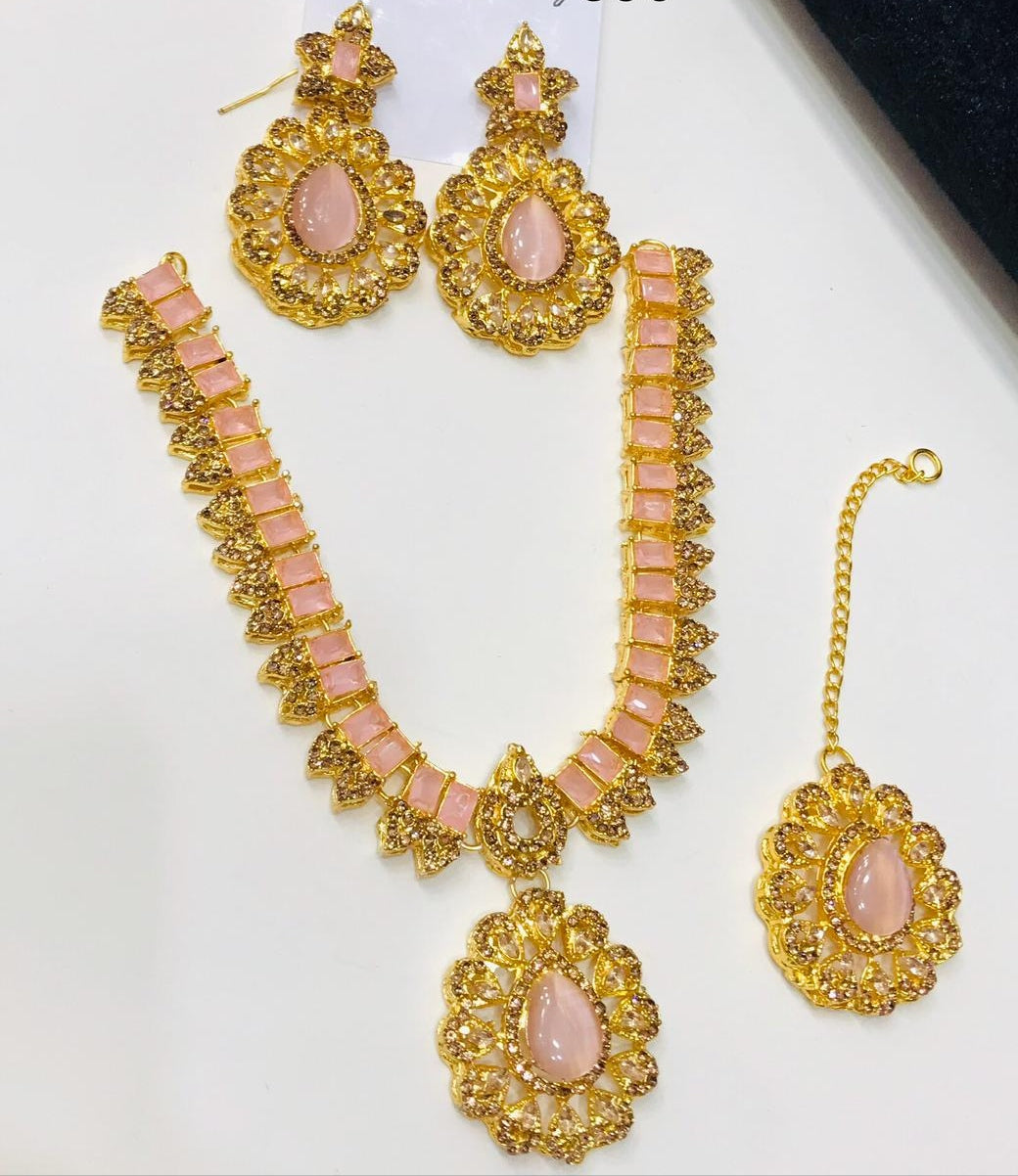 Woman goldplated Bridel Jewelry Set with pink stone - CH. SON'S JEWELER