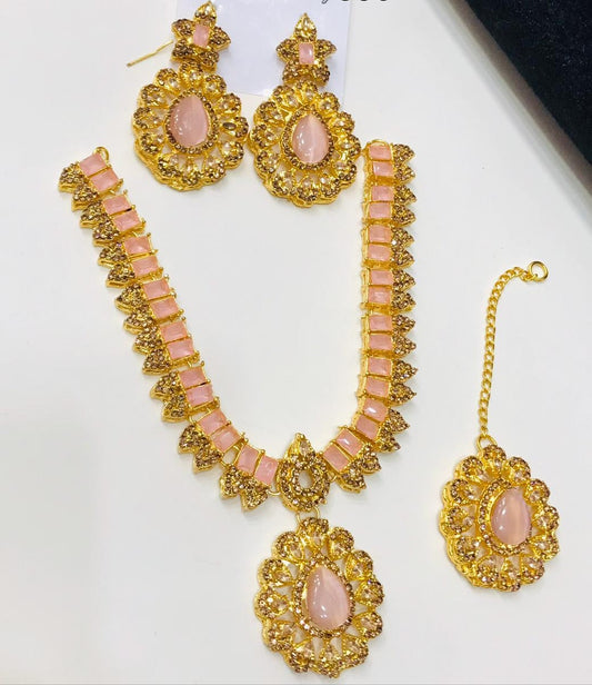 Woman goldplated Bridel Jewelry Set with pink stone - CH. SON'S JEWELER